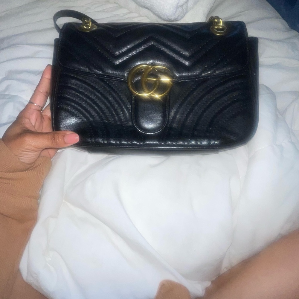 Black and Gold Quilted Shoulder Bag with Chain Strap